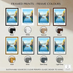 Channel Islands national park wall art in eight frame color options including black, white, natural, brown, gold, silver, dark grey, and light grey, featuring a scenic kayak view between cliffs.