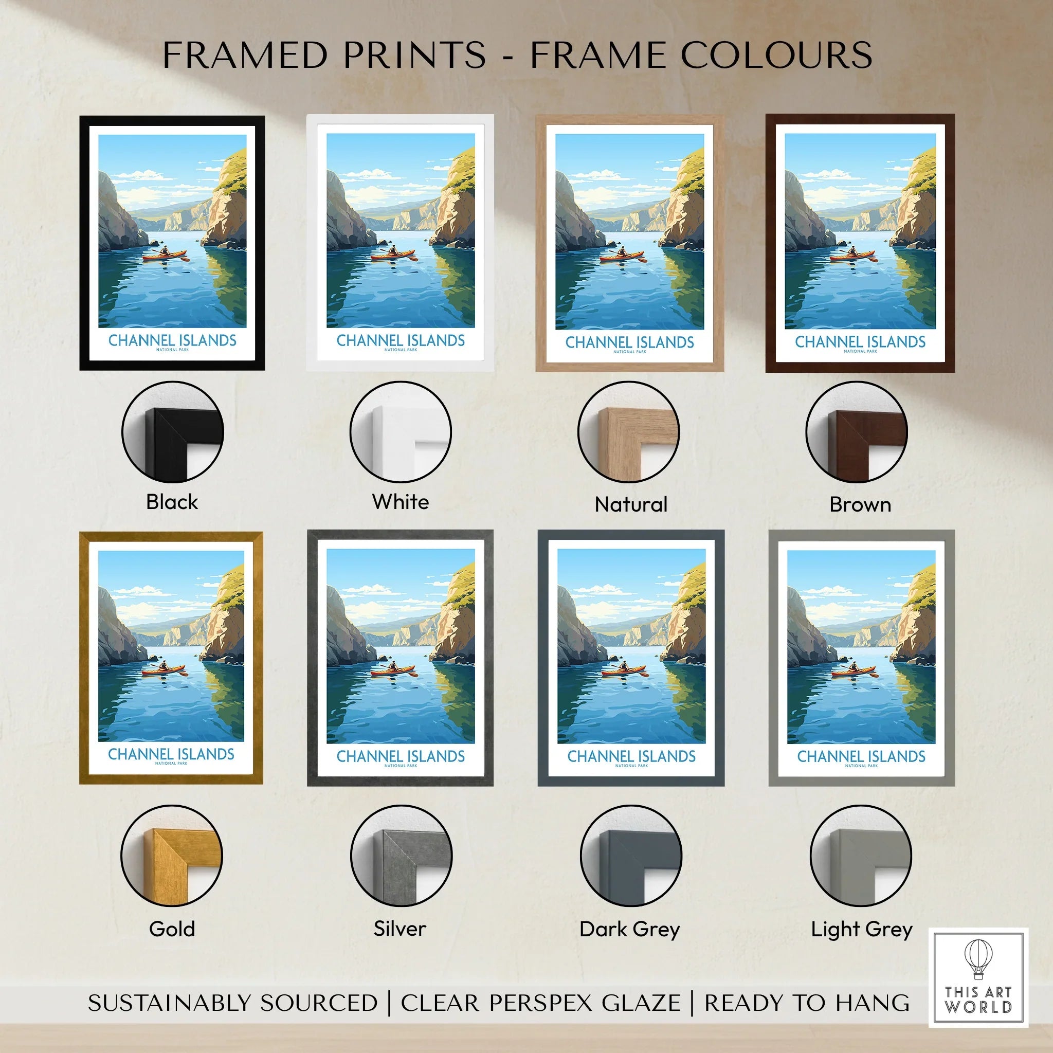 Channel Islands national park wall art in eight frame color options including black, white, natural, brown, gold, silver, dark grey, and light grey, featuring a scenic kayak view between cliffs.