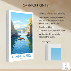 Channel Islands National Park canvas print showing a kayaker on blue water between dramatic cliffs.