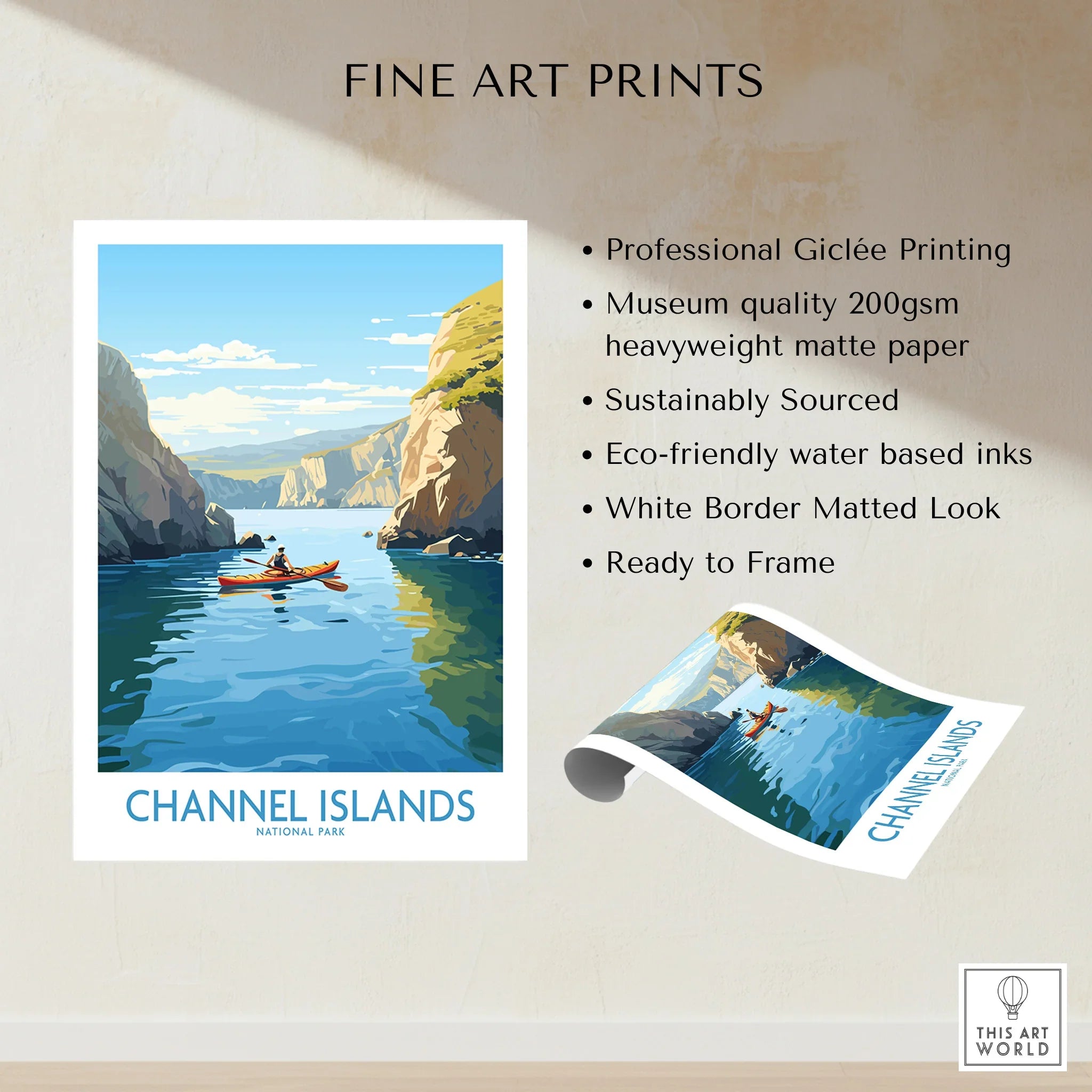 Channel Islands National Park fine art print featuring a kayak on blue water between cliffs