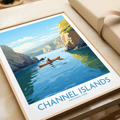 Framed Channel Islands National Park art print with kayak on blue water, unwrapped gift