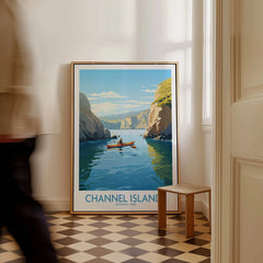 Framed Channel Islands National Park poster with kayak art in modern hallway