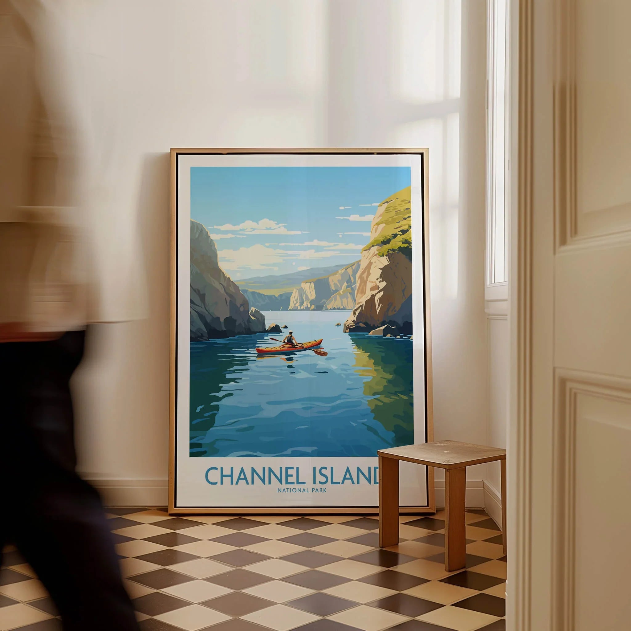Framed Channel Islands National Park poster with kayak art in modern hallway
