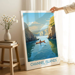 Channel Islands National Park art print featuring a kayak in a scenic coastal landscape, displayed indoors.