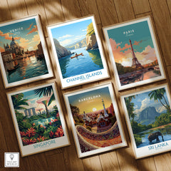Set of six framed travel art prints featuring Venice, Channel Islands, Paris, Singapore, Barcelona, and Sri Lanka displayed on a wooden floor.
