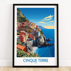 Cinque Terre Travel Print featuring vibrant coastal views and charming colorful houses in Italy.