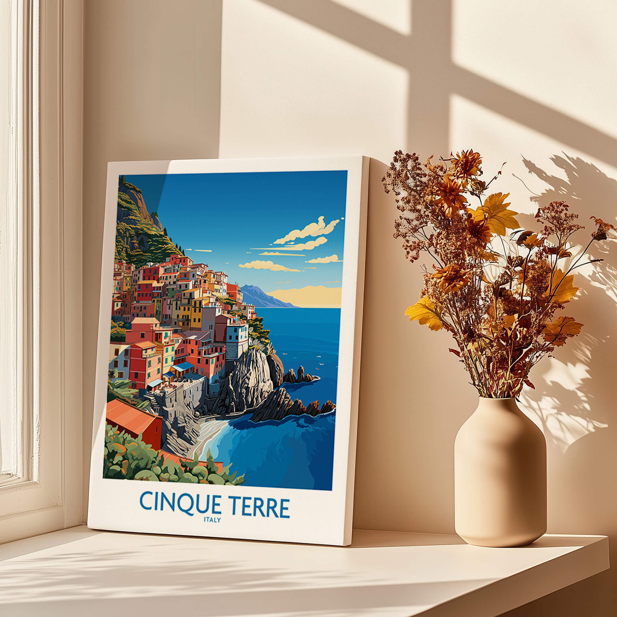 Cinque Terre Travel Print showcasing vibrant coastal views and Mediterranean charm in a stylish interior setting.
