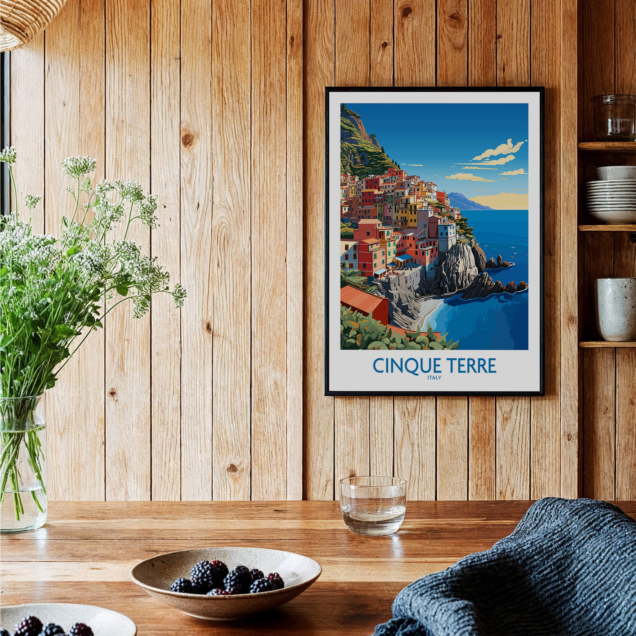 Cinque Terre Travel Print showcasing vibrant coastal views of Italy's Cinque Terre in a stylish interior setting.