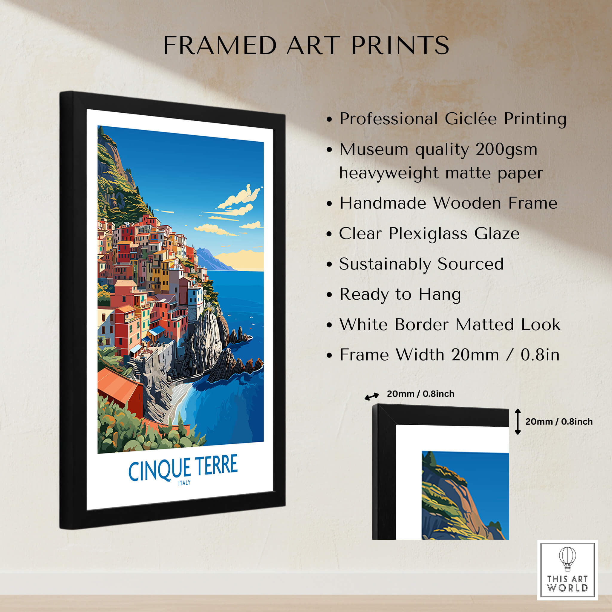 Cinque Terre Travel Print in a stylish black frame showcasing Italy's iconic coastal village.