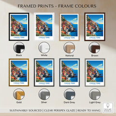 Cinque Terre Travel Print framed options in black, white, natural, brown, gold, silver, dark grey, and light grey.