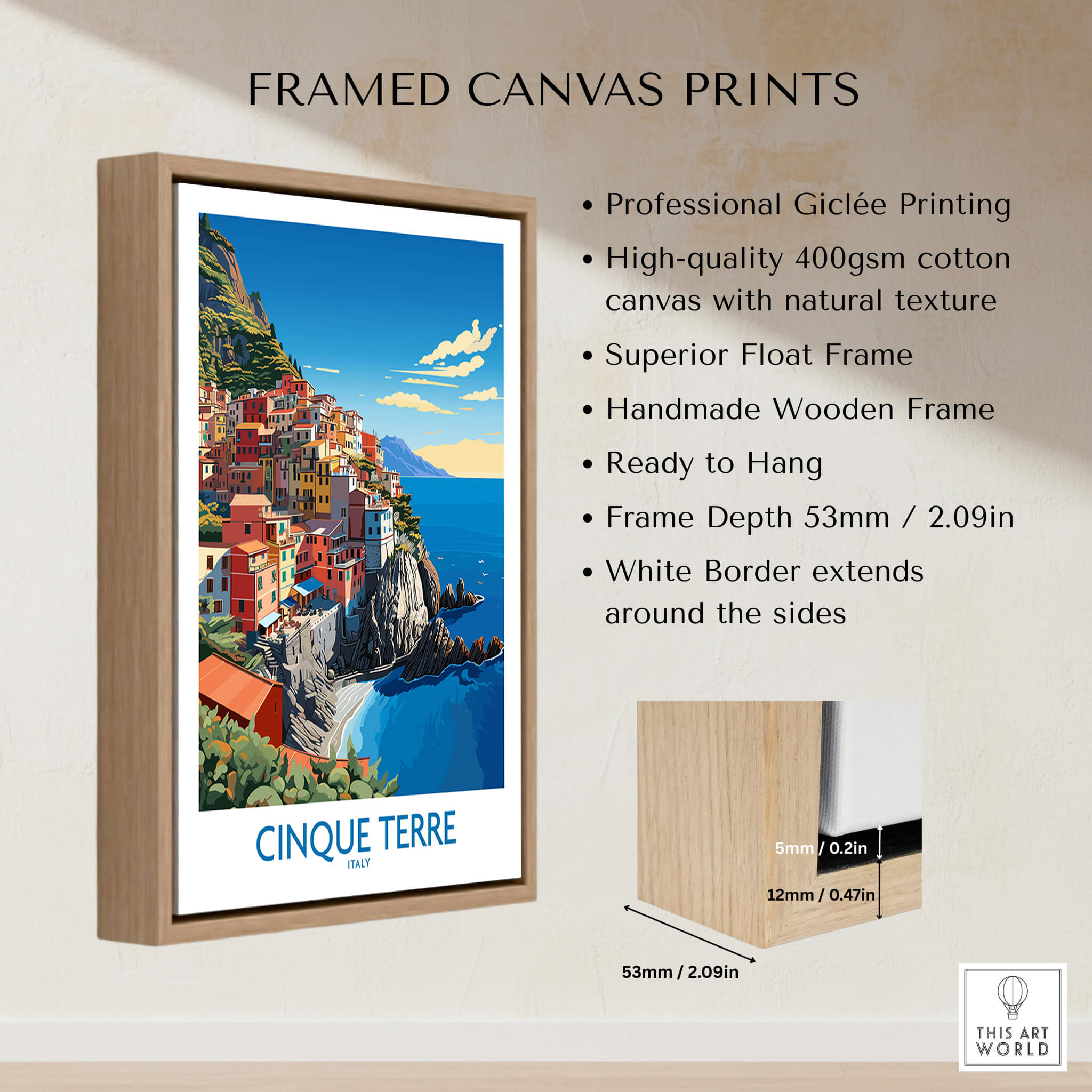 Cinque Terre Travel Print framed canvas showcasing vibrant colors and coastal views, perfect for home decor.