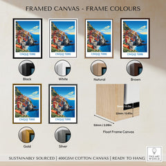 Cinque Terre Travel Print options showcasing frame colors: black, white, natural, brown, gold, and silver.