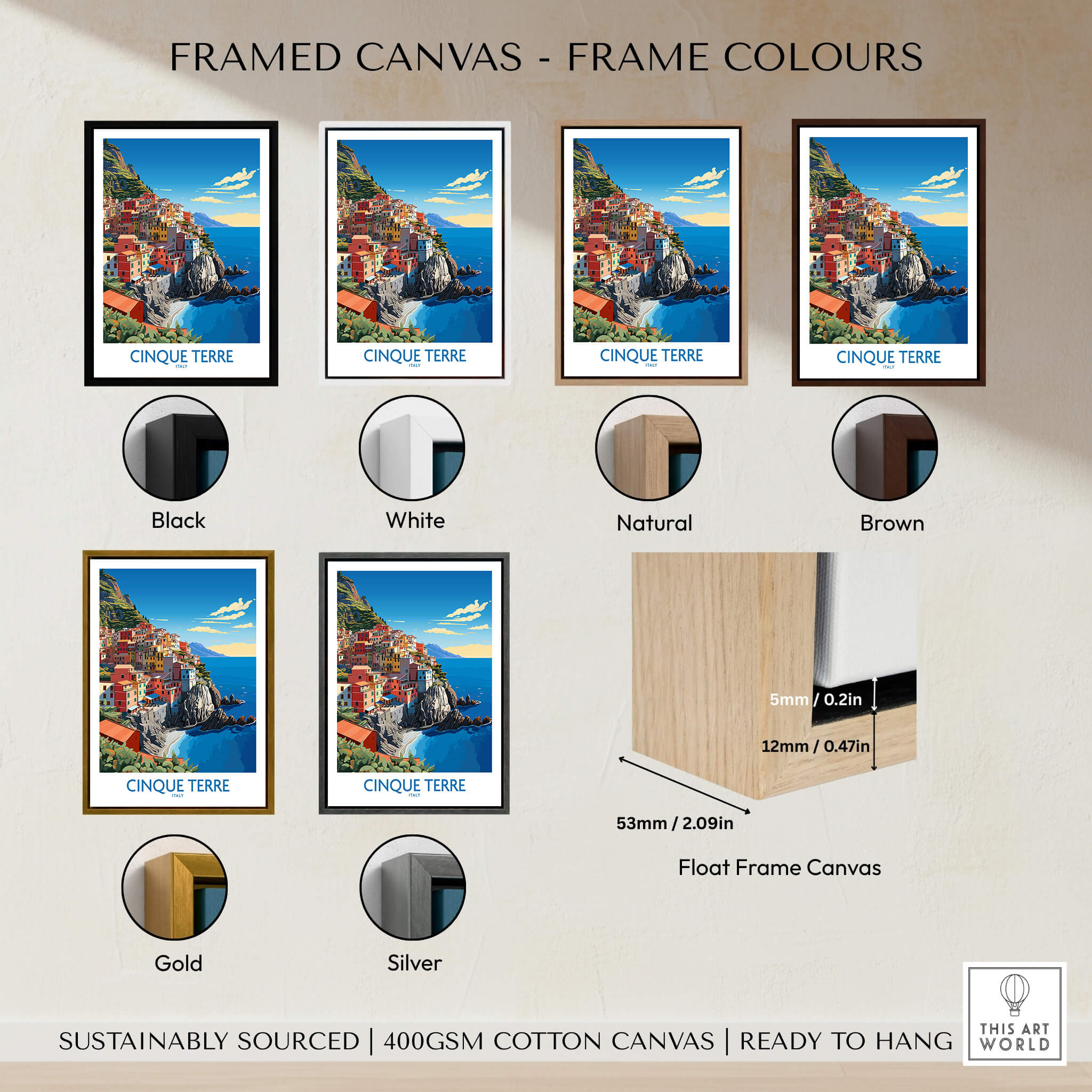Cinque Terre Travel Print options showcasing frame colors: black, white, natural, brown, gold, and silver.