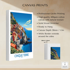 Cinque Terre Travel Print showcasing vibrant coastal views and charming Italian architecture on canvas.