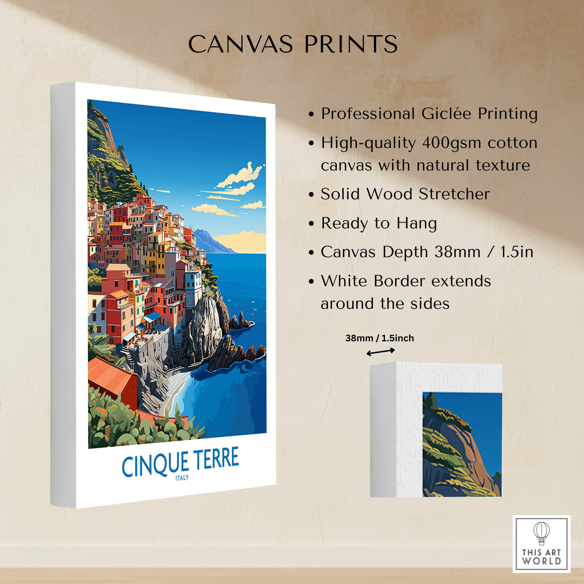 Cinque Terre Travel Print showcasing vibrant coastal views and charming Italian architecture on canvas.