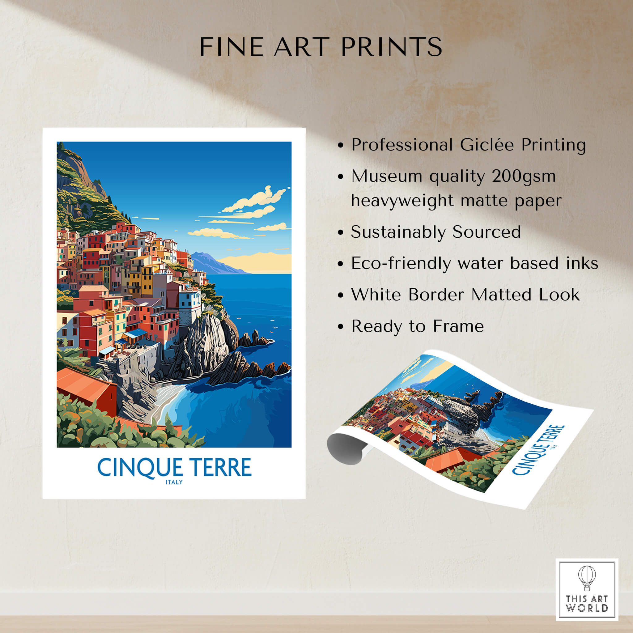 Cinque Terre Travel Print featuring vibrant coastal views and colorful village scenes in Italy.