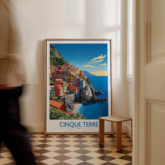 Cinque Terre Travel Print showcasing colorful coastal village in Italy with vibrant blue sea and mountains.