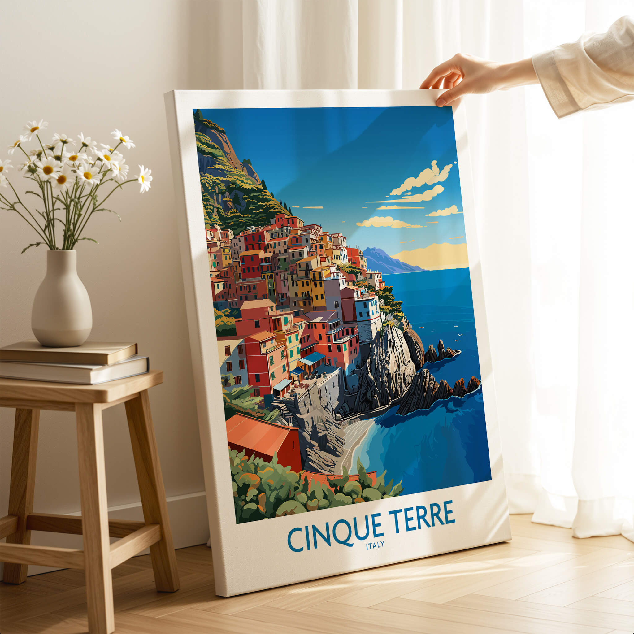 Cinque Terre Travel Print showcasing vibrant coastal views and colorful buildings of Italy's Cinque Terre.