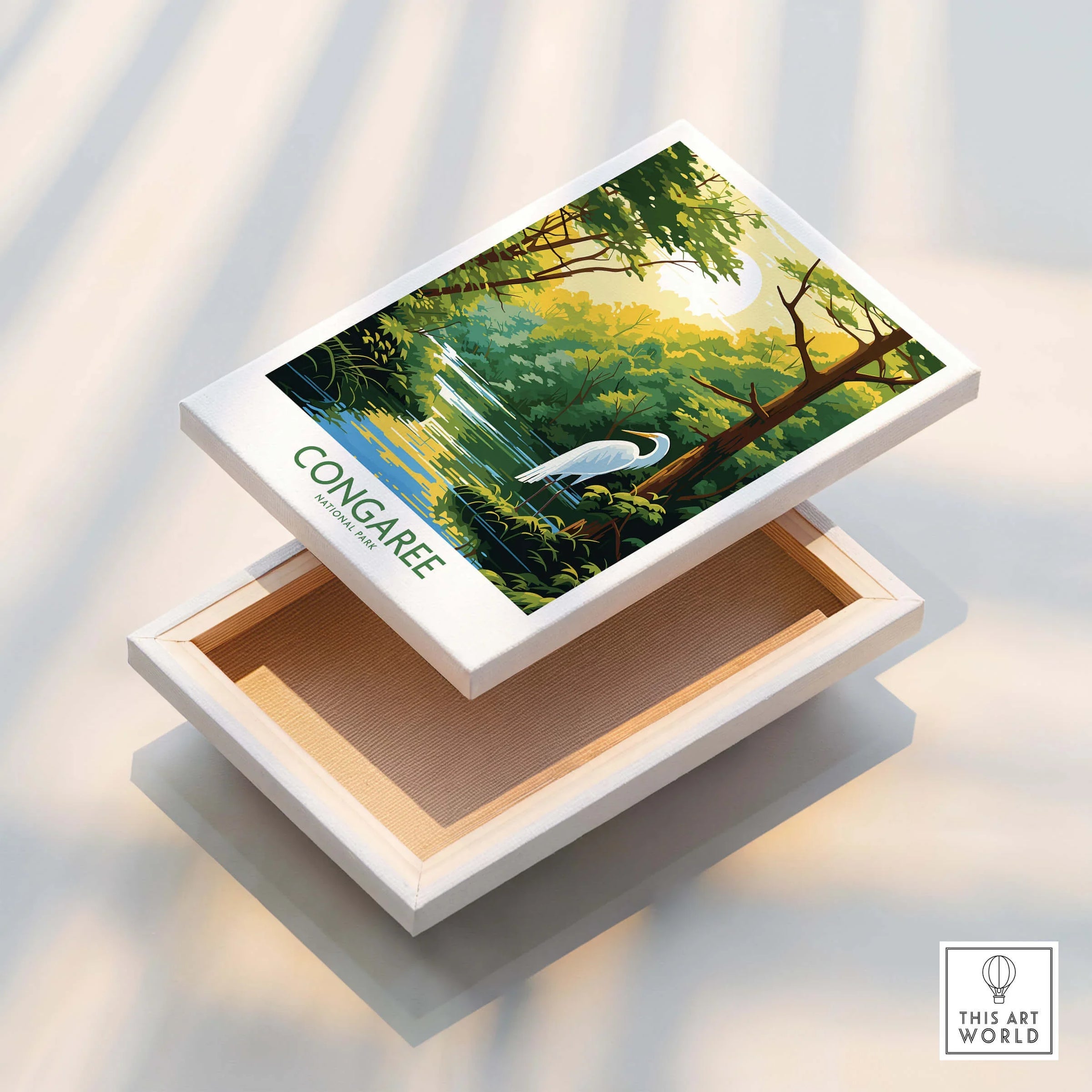 Stretched canvas print of Congaree National Park landscape with egret by a sunlit pond.