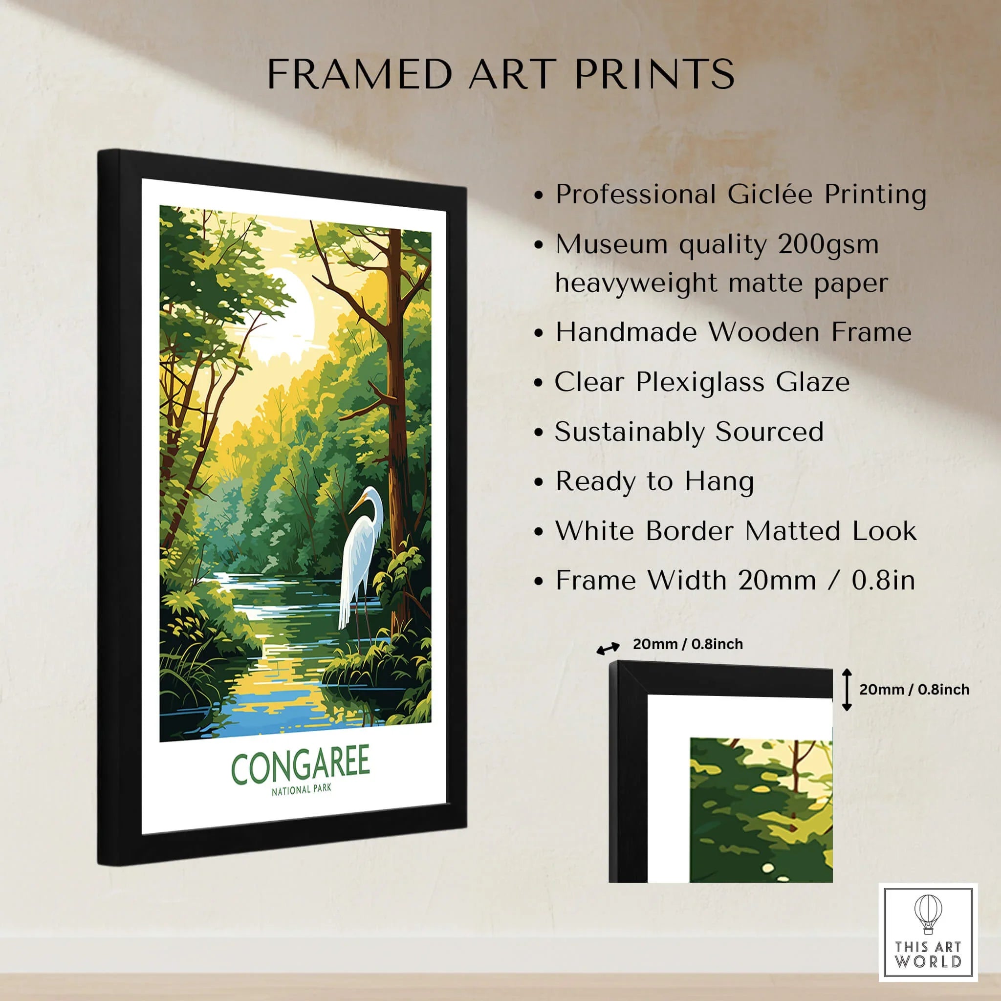 Framed Congaree National Park art print with heron, river, forest, and quality print details.
