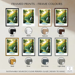 Congaree National Park art print with heron, shown in eight frame color options