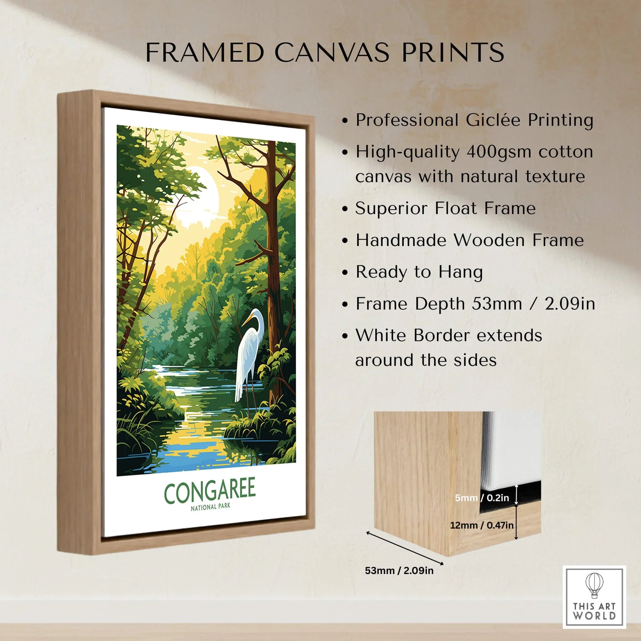 Framed Congaree National Park art print with heron, forest, river, and float frame details