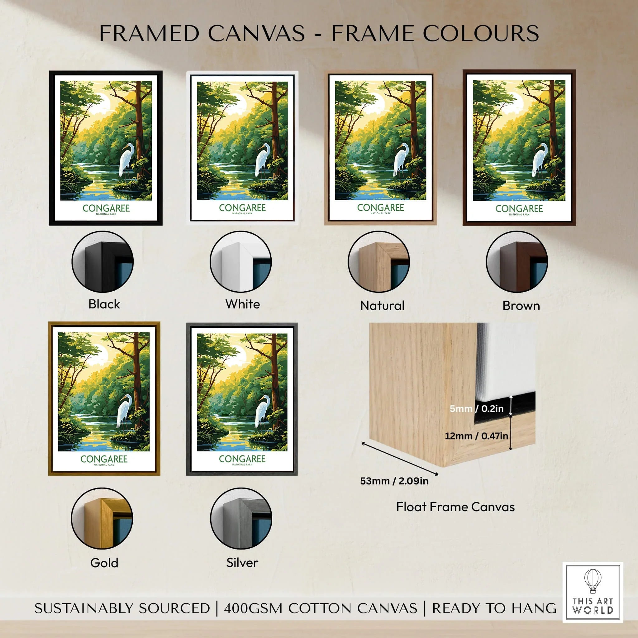 Framed Congaree National Park canvas art in six frame color options: black, white, natural, brown, gold, silver.