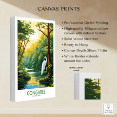 Congaree National Park canvas print with heron, lush trees, and sunlit river, museum-quality stretched cotton canvas.