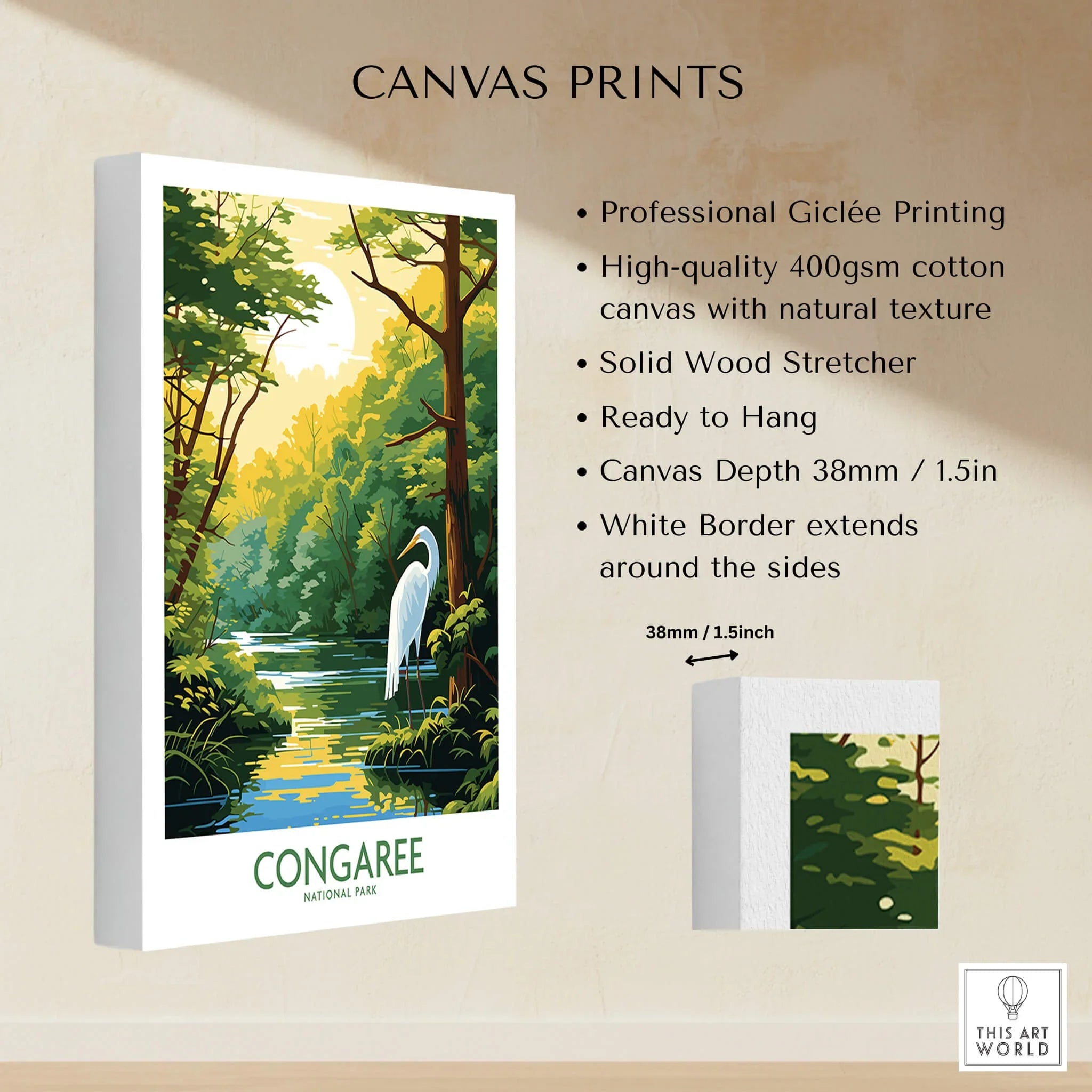Congaree National Park canvas print with heron, lush trees, and sunlit river, museum-quality stretched cotton canvas.