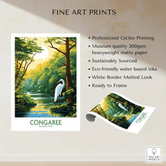 Congaree National Park fine art print featuring a heron by a river in lush forest, unframed