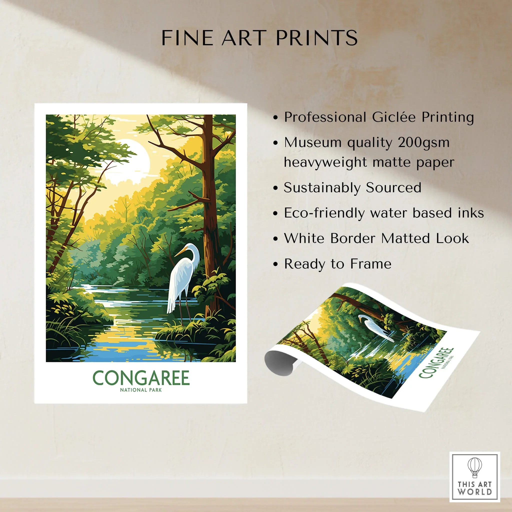 Congaree National Park fine art print featuring a heron by a river in lush forest, unframed