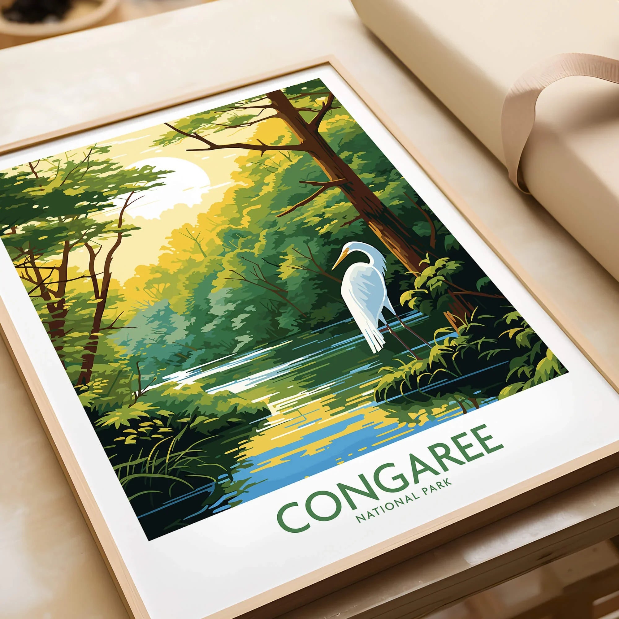 Framed Congaree National Park art print featuring scenic forest and egret by the water