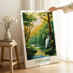 Congaree National Park canvas print with heron in forest, hand holding art in bright room