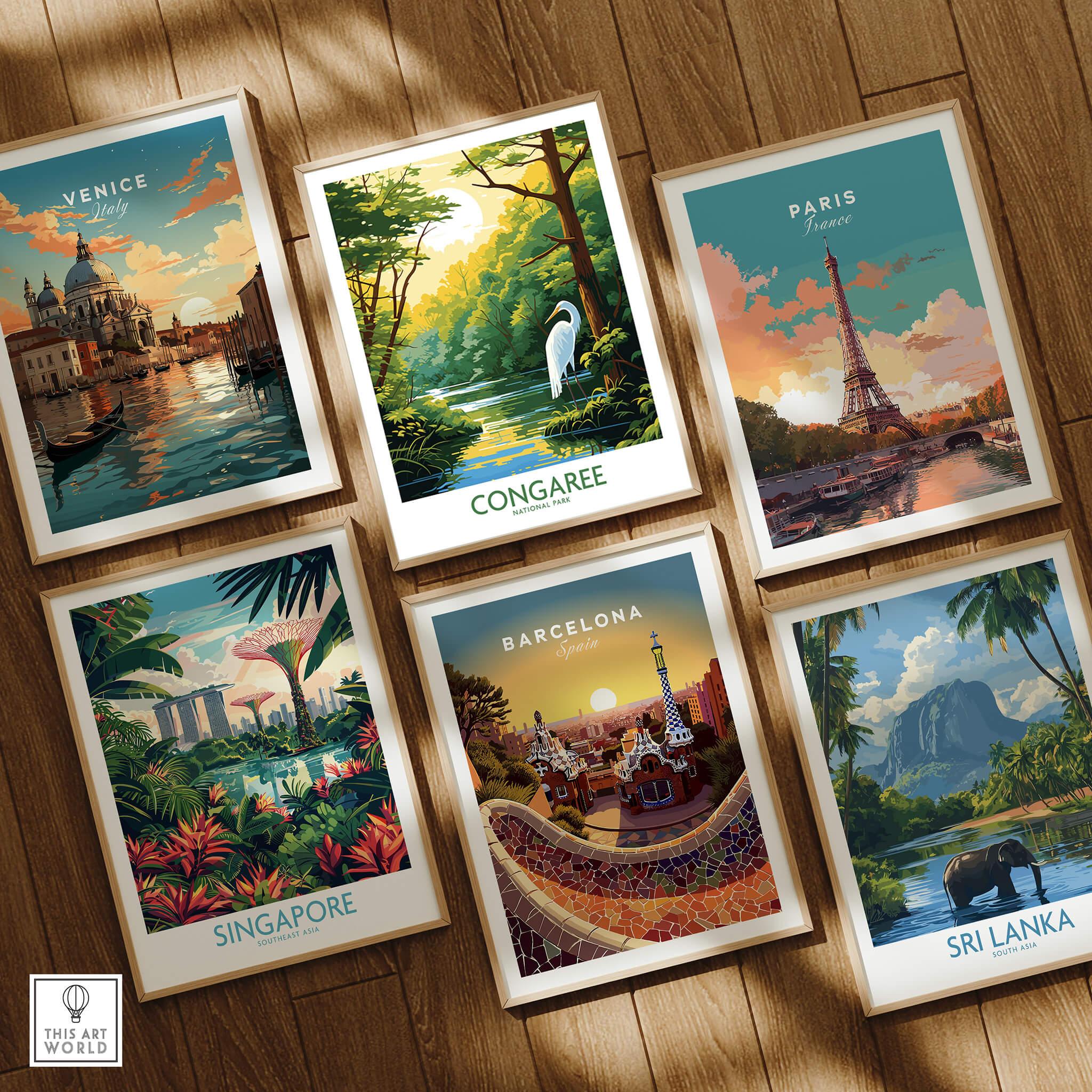 Set of six framed travel posters featuring Venice, Congaree, Paris, Singapore, Barcelona, and Sri Lanka on a wooden floor.