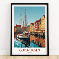 Copenhagen Wall Art | Modern Style showcasing vibrant colors of Copenhagen, Denmark with a charming boat and colorful buildings.