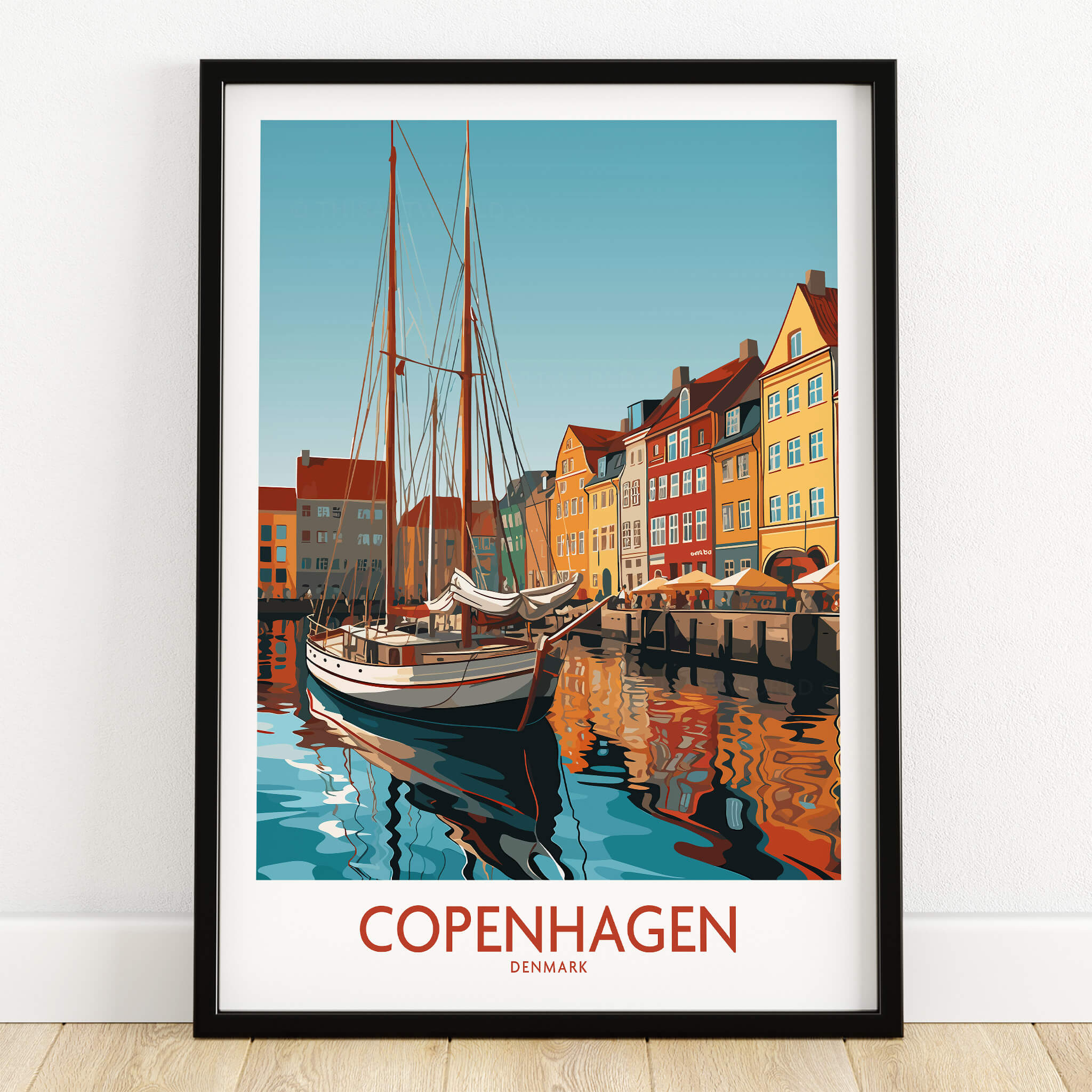 Copenhagen Wall Art | Modern Style showcasing vibrant colors of Copenhagen, Denmark with a charming boat and colorful buildings.