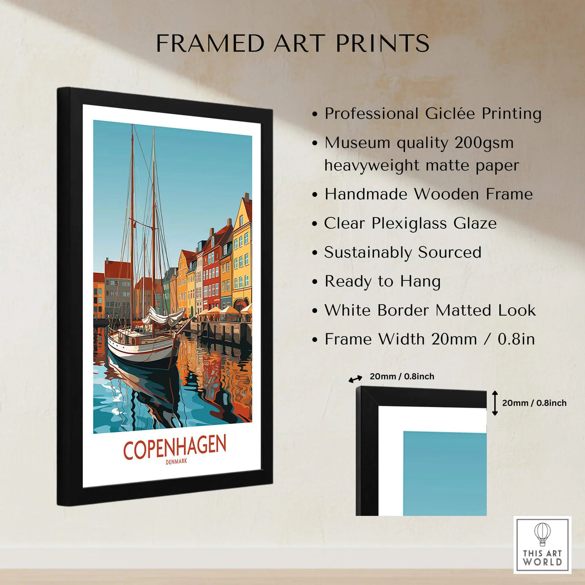Copenhagen Wall Art | Modern Style framed art print featuring a vibrant harbor scene.