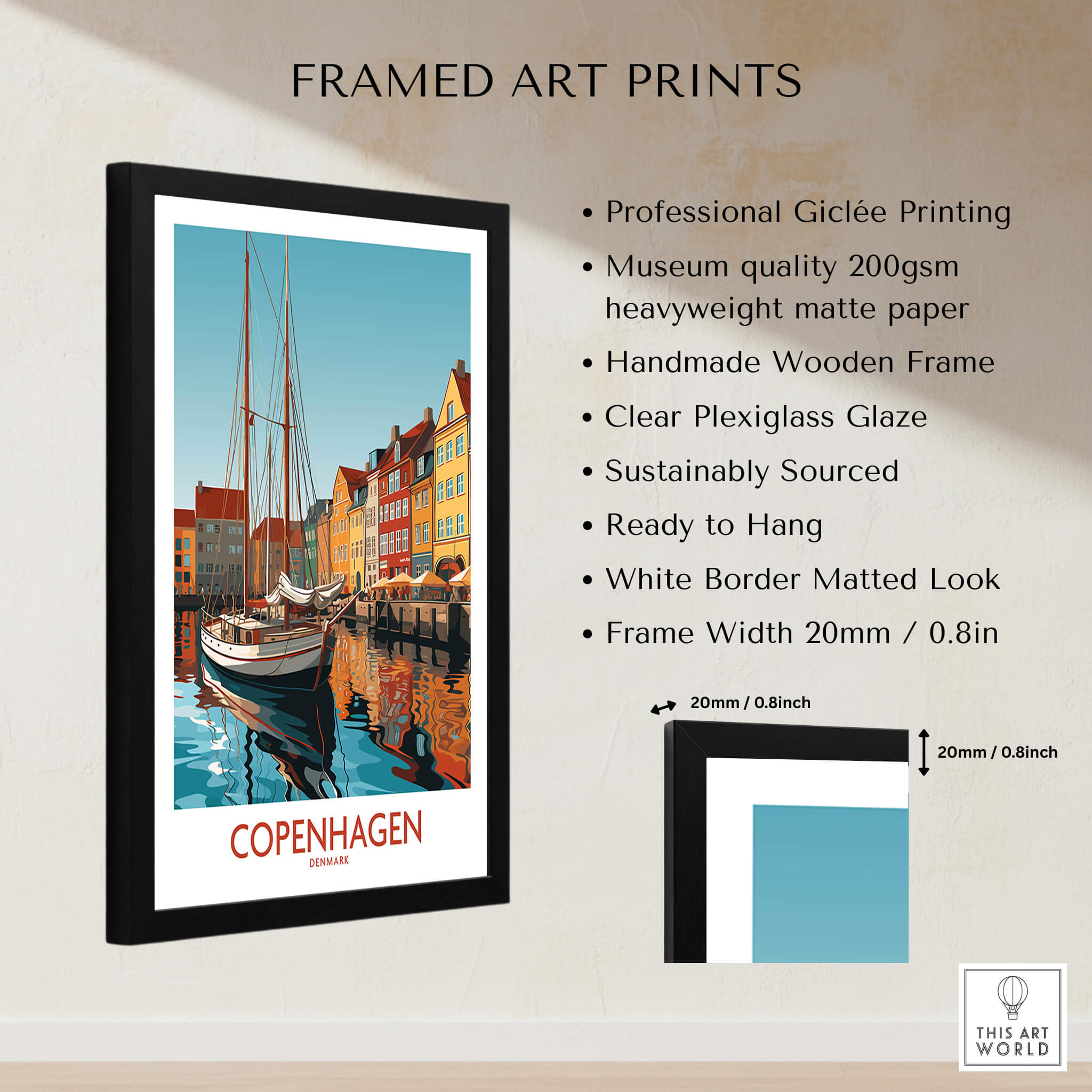 Copenhagen Wall Art | Modern Style framed art print featuring a vibrant harbor scene.