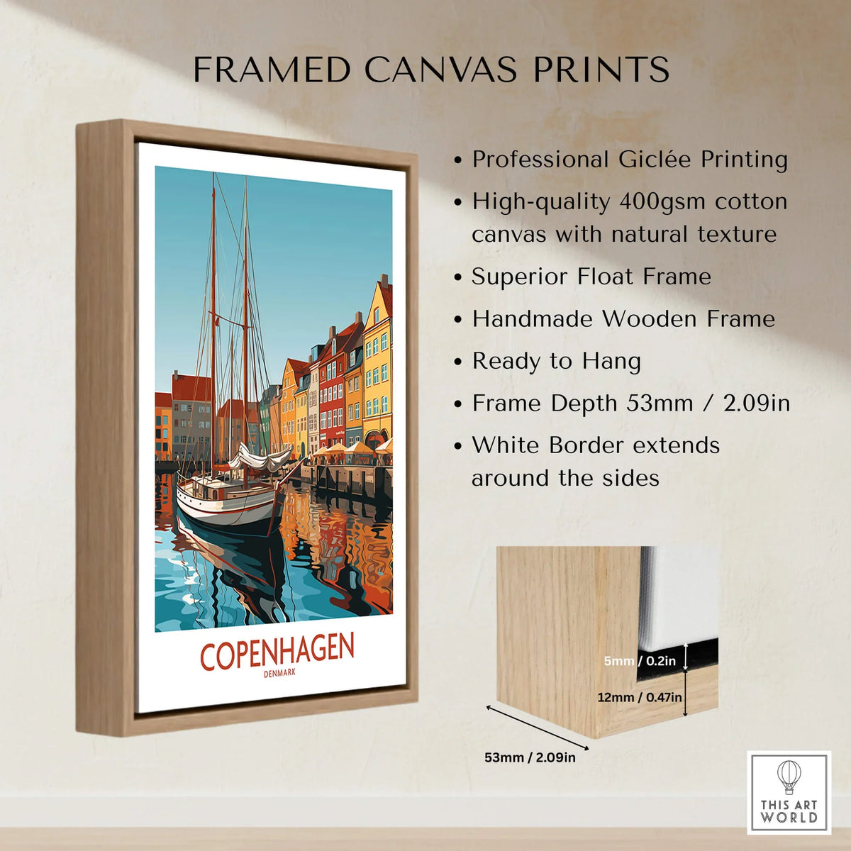 Copenhagen Wall Art | Modern Style framed canvas print showcasing vibrant Copenhagen scenery.