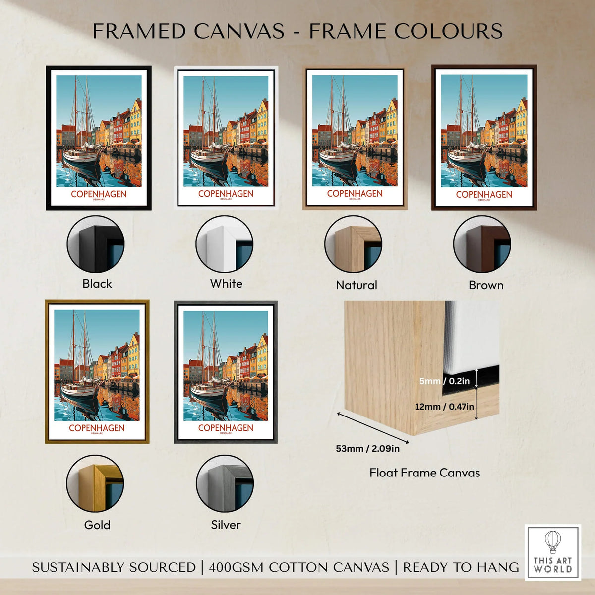 Copenhagen Wall Art | Modern Style framed canvas options and colours including Black, White, Natural, Brown, Gold, Silver.