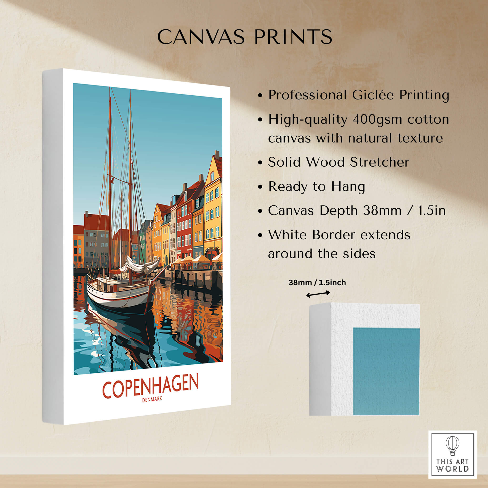 Copenhagen Wall Art | Modern Style canvas print showcasing vibrant Copenhagen waterfront.