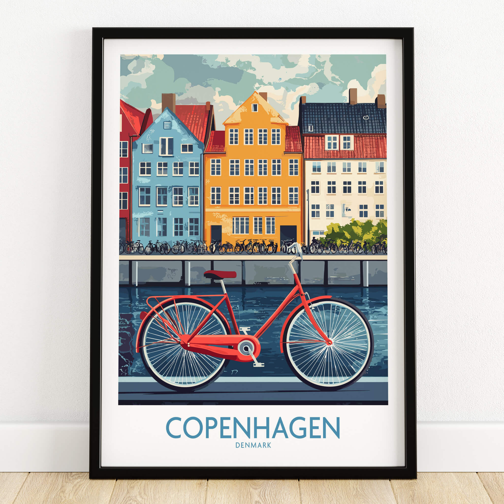 Denmark Copenhagen Poster - Red Bike, Colorful Canal Houses Art featuring a red bicycle and vibrant houses by the water.