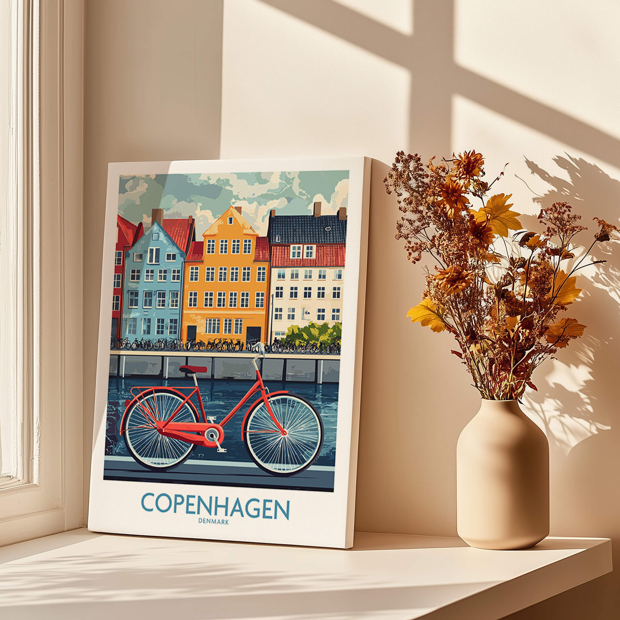 Denmark Copenhagen Poster - Red Bike, Colorful Canal Houses Art featuring vibrant canal houses and a red bicycle.