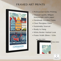 Denmark Copenhagen Poster - Red Bike, Colorful Canal Houses Art framed print showcasing vibrant Giclée quality.