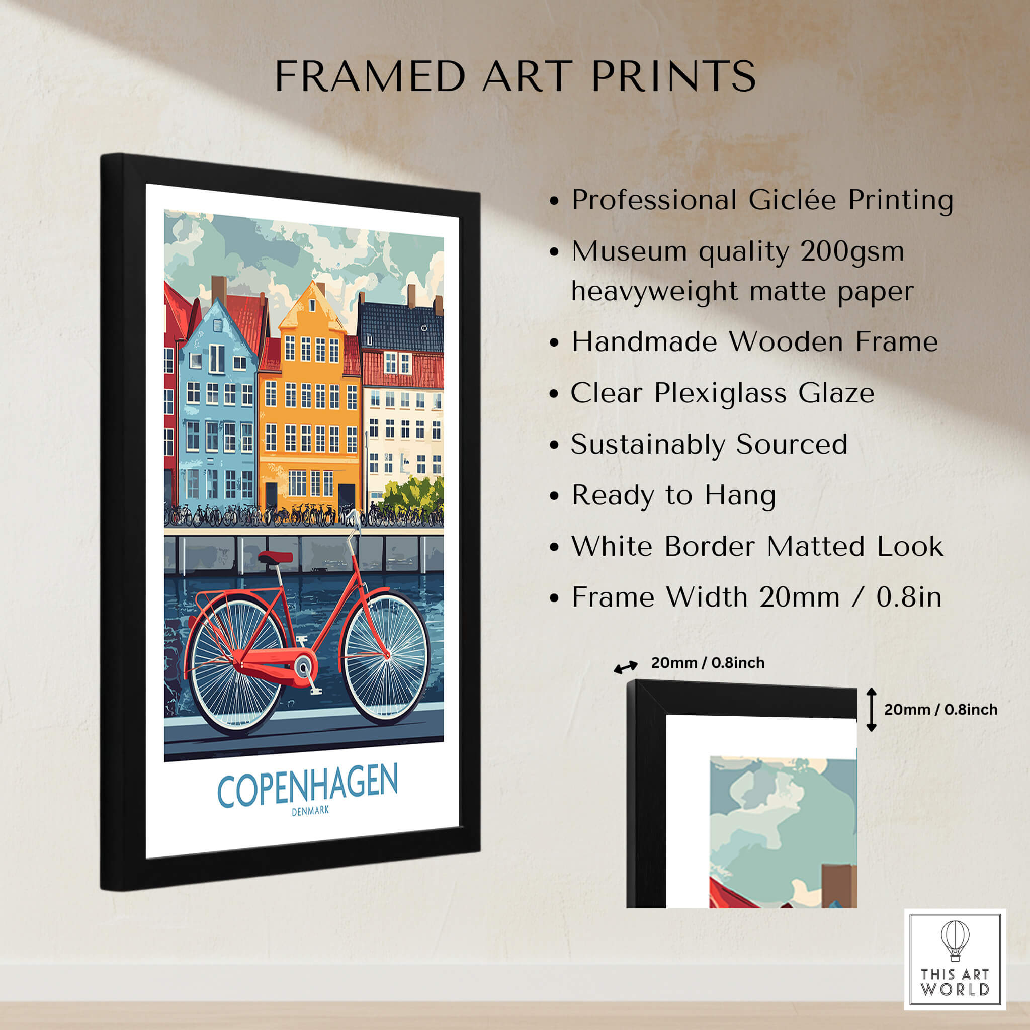 Denmark Copenhagen Poster - Red Bike, Colorful Canal Houses Art framed print showcasing vibrant Giclée quality.