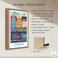 Denmark Copenhagen Poster - Red Bike, Colorful Canal Houses Art displayed in a framed canvas print.