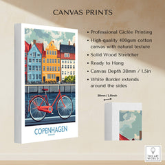 Denmark Copenhagen Poster - Red Bike, Colorful Canal Houses Art canvas print with Giclée quality and vibrant colors.