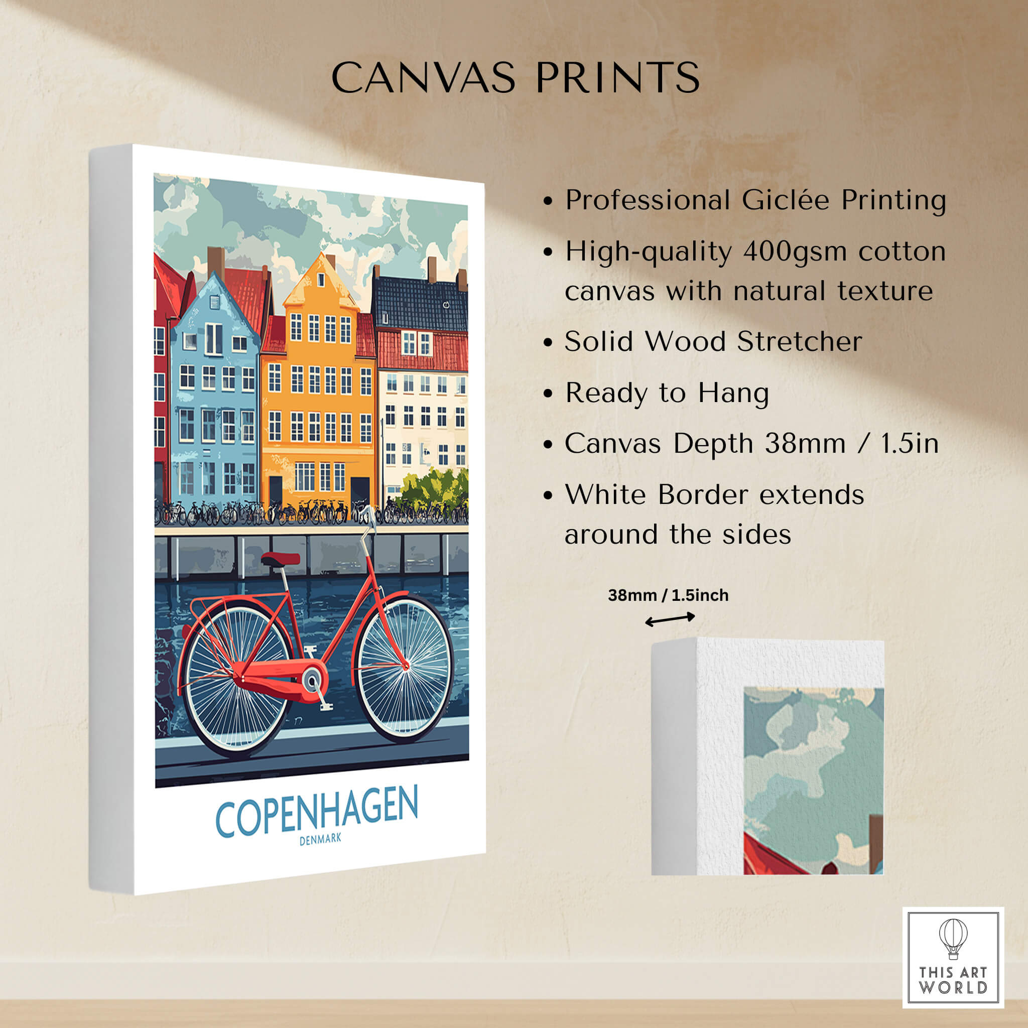 Denmark Copenhagen Poster - Red Bike, Colorful Canal Houses Art canvas print with Giclée quality and vibrant colors.
