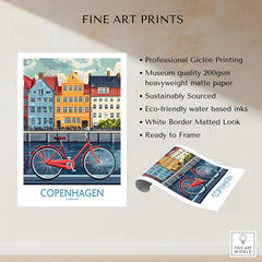 Denmark Copenhagen Poster - Red Bike, Colorful Canal Houses Art featuring vibrant buildings and a red bicycle.