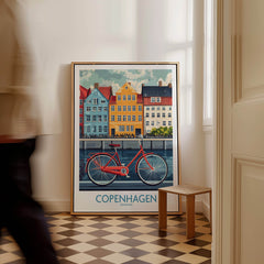 Denmark Copenhagen Poster - Red Bike, Colorful Canal Houses Art featuring vibrant prints in a stylish interior.